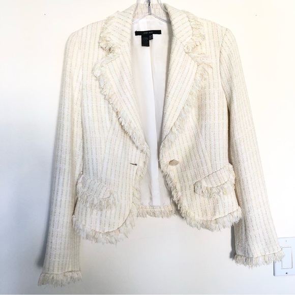 Zara Women’s Cream Sparkly Tweed Fringe Trim Blazer Jacket Size 4 - Picture 11 of 13